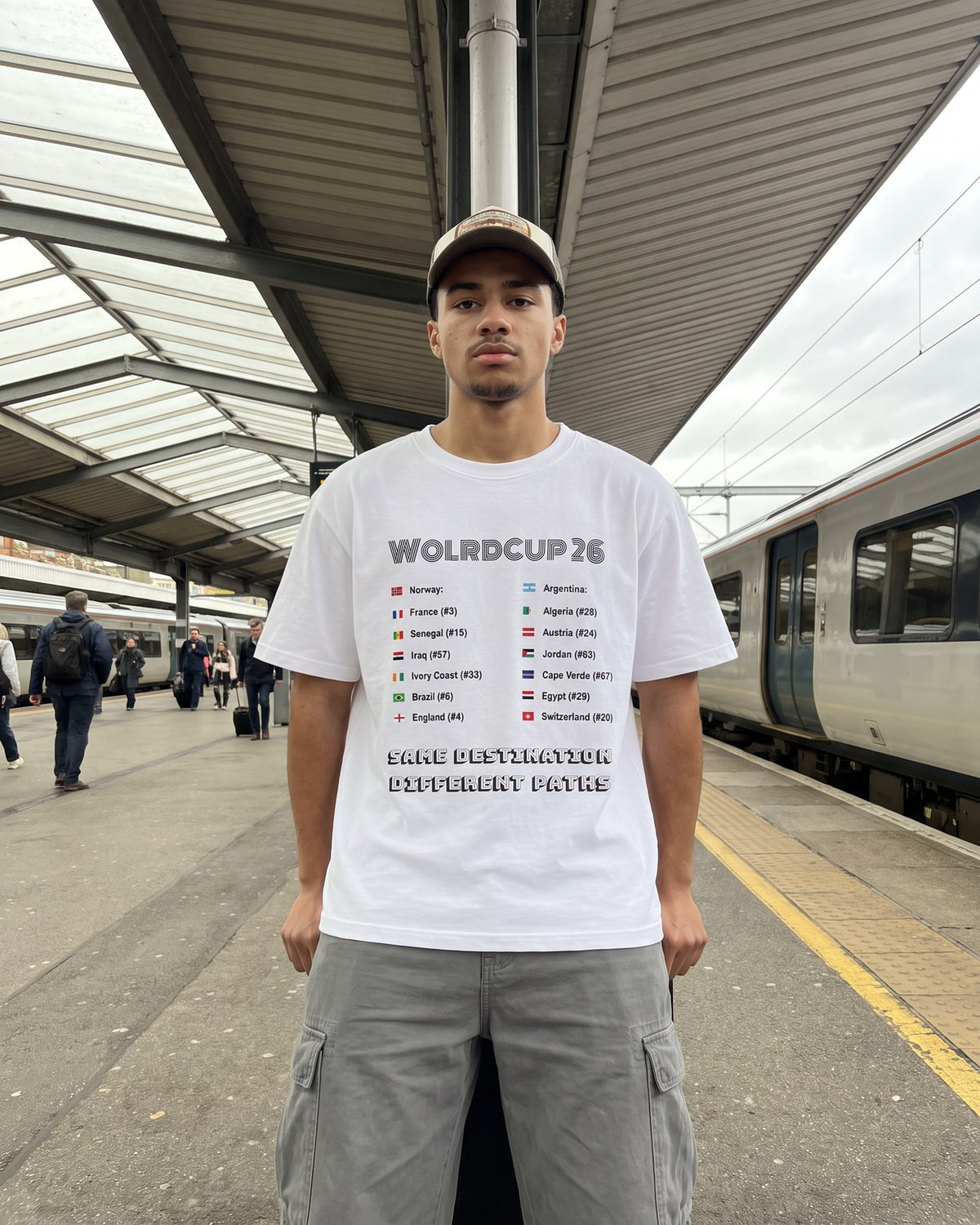 Fan on a railway platform wearing the Même destination tee