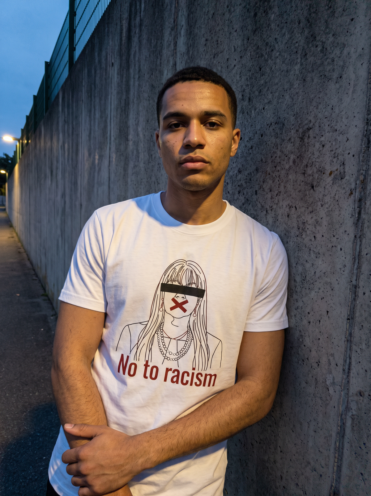 Calm portrait against a concrete wall wearing the No to Racism tee