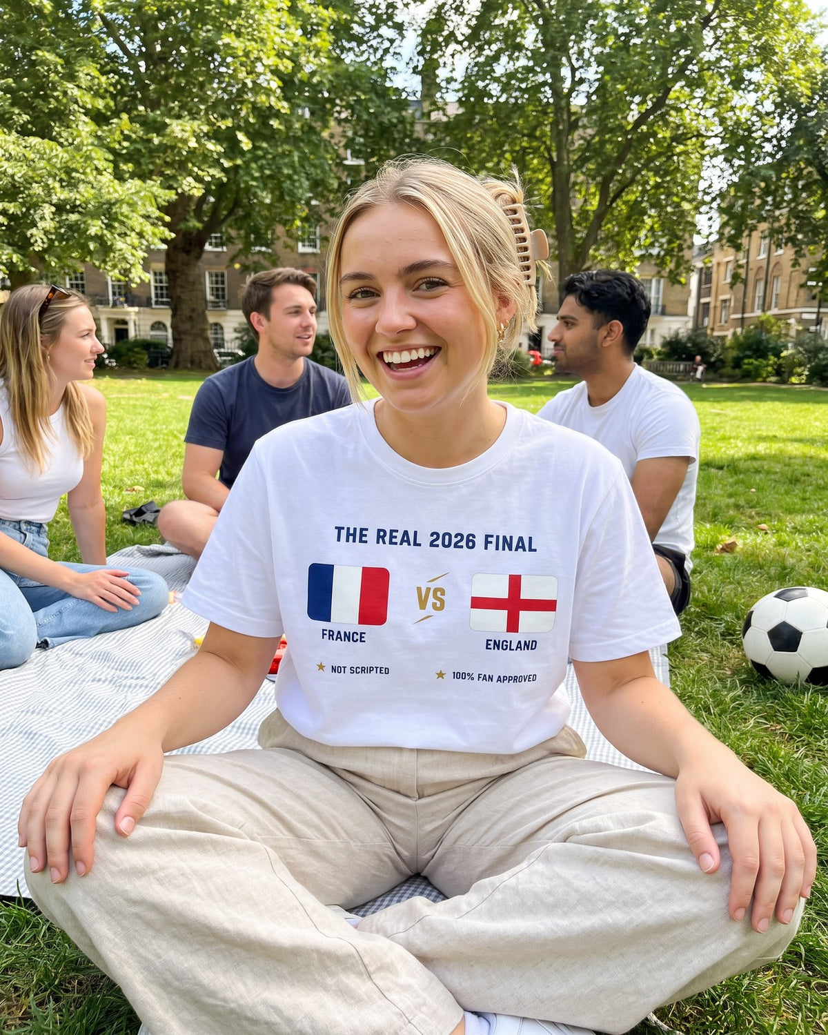 Fan sitting in a park with friends wearing The real final France VS England tee