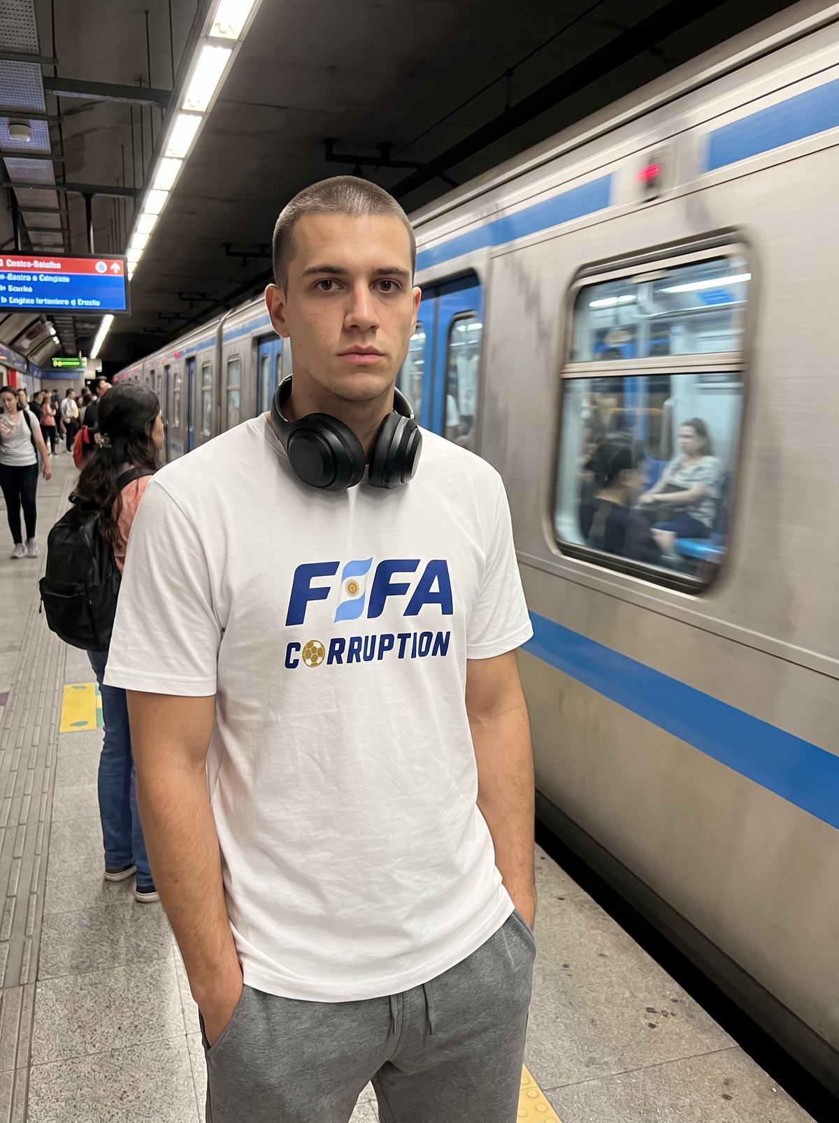 Fan on a metro platform wearing the F*FA Worldcup tee