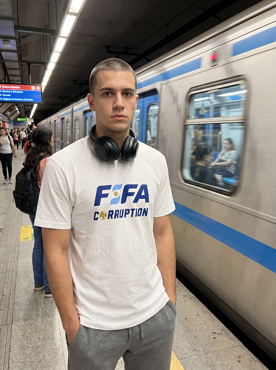 Fan on a metro platform wearing the F*FA Worldcup tee