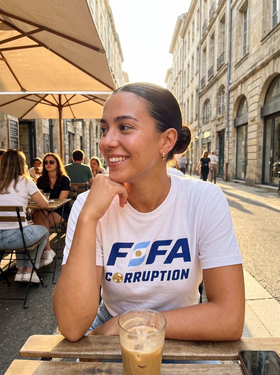 Fan at a café terrace at golden hour wearing the F*FA Worldcup tee